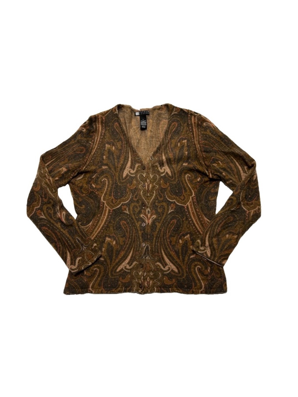 Carole Little Vintage Brown Floral Paisley Cardigan Lambs Wool Angora Blend M/L - Picture 1 of 6